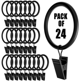 Homyplaza 24 Pack Curtain Rings with Clips, Heavy Duty Drapery Clip,Tension Rods Hooks, Polish Black Curtain Hangers Hook for Home Decorative, 2 Inch Rustproof Eyelet Fits up to 1.5 inch Curtain Rods