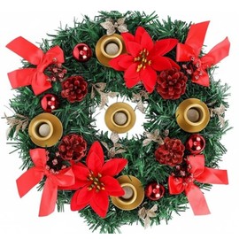 Knitgrip 14 Inch Christmas Advent Wreath 5 Candle Holder Christmas Ribbon Advent Candlestick Table Centerpiece Decor with Gold Metal Ring Cups, Bow, Pine Cones, Flower for Xmas Holiday Church