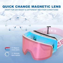 EXP VISION Ski/Snowboard Goggles, Magnetic Lens Snow Goggles with Anti-Fog & UV400 Protection for Men & Women (White Frame-Cherry Pink)