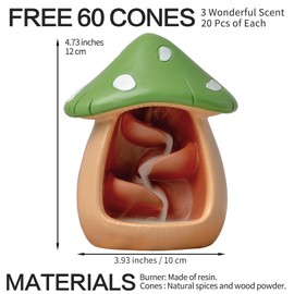 Cute Mushroom Incense Holder with 60 Incense Cones, Handmade Waterfall Backflow Incense Burner, Nature Theme Incense Burner, Adorable Home Decoration, Cottagecore Decor Accessories(Light Green)