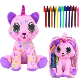 DRAWMYTOY Coloring Plush Toy with 12 Washable Markers for Little Girls Doodle Dolls Arts and Crafts Soft DIY Washable Doodle Stuffed Animal Toy for Kids Ages 4-6 Birthday (Pink Cat)