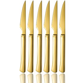 Juego de cuchillos para carne, de acero inoxidable ultraafilados, 6 piezas de acero inoxidable serrado, juego de cocina apto para lavavajillas (dorado)