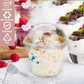 Cuppiez 5 Oz Pack Of 50 Clear Plastic Circle Desert Cups with Lids and Spoons Appetizer and Parfait Shooter Cups For Parties, Appetizer, Pudding, Ice cream, Fruits and Yoghurt Cups (Transparent)
