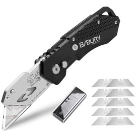 BIBURY Utility Knife Upgraded Heavy Duty Box Cutter Pocket Utility Knife with 10 Interchangeable SK5 Stainless Steel Blades Belt Clip One Button Switch Quick Change Lockback Design