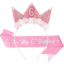 SuPoo 6th Birthday Decorations - Girl's 6th Birthday Sash & Princess Crown Tiara Glitter Pearl Hair Band for 6 Year Olds