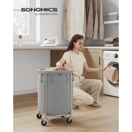 SONGMICS Laundry Basket with Wheels, Rolling Laundry Hamper, 18.5 Gal., Round Laundry Cart with Steel Frame and Removable Bag, 4 Casters and 2 Brakes, Gray and Silver URLS006G01