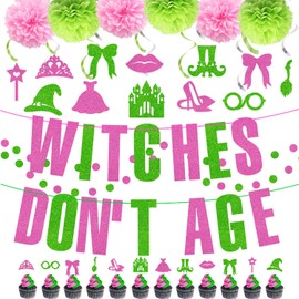 Witches and Princess Pink and Green Birthday Party Decorations, Glitter Witches Don't Age Party Banner for Women Galentine's Day Girls Night Photo Booth Prop Kids Princess Witch Themed Party Supplies