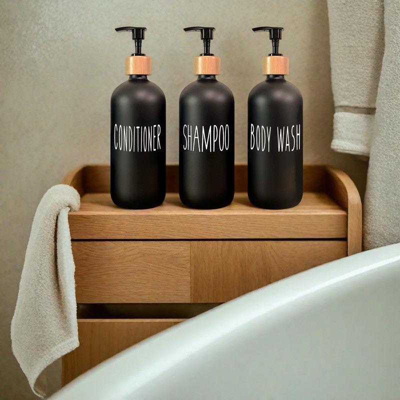 Black Shampoo and Conditioner Dispenser Set of 3 16.9oz Refillable