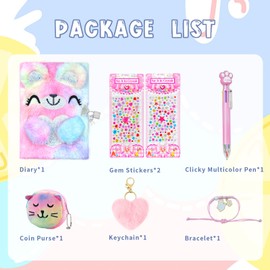 Secret Diary for Girls, Notebook with Padlock, Private Notebook with Purse, Star Bracelet, Multicolor Pen, Decorative Stickers, Furry Keychain for Girls Boys