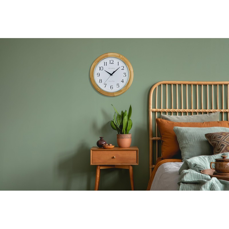 Bulova C5005 Wooden Atomic Analog Wall Clock | Automatically Sets