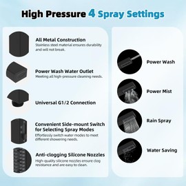 Hibbent All Metal High Pressure 12'' Rainfall Shower Head, Showerhead Combo with 4-mode Handheld Spray, 12'' Adjustable Extension Arm, Extension Bar, Easy Reach Holder, 71'' Hose, Matte Black