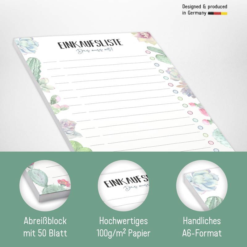 paper&you® A6 Shopping List Pad [Cacti] with 50 Tear-Off Sheets