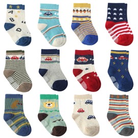 12 Pairs Baby Socks for Boys Cotton Socks Non Skid Grips Socks, Toddler Boy Anti Slip Ankle Socks for Kids Boys (6-12 Months, 12 Pairs Happy Hour)