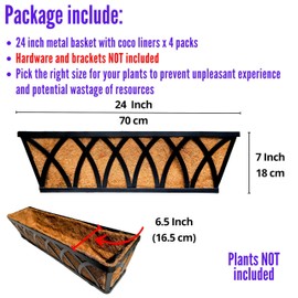 LaLaGreen Wall Planters (4 Pack, 24 Inch) Large Fence Planters for Outdoor Plants with Coco Liner Metal Deck Railing Flower Basket Window Box Attach House Outside Horse Trough Porch Balcony Garden