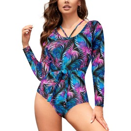 SHEKINI One-Piece Rash Guard Swimsuits for Women Tummy Control Swimwear UV UPF 50+ Ladies Swimming Costumes Monokinis Surf Suit Long Sleeves Modest Swimwear Halter Neck Bathing Suit