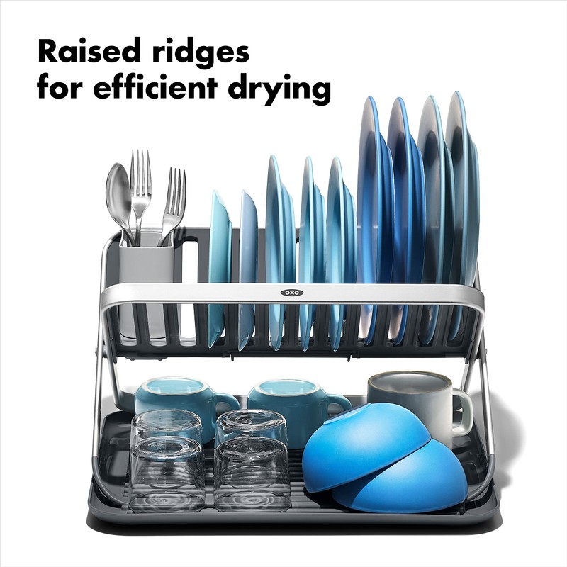 OXO Good Grips Aluminum Fold Flat Dish Drying Rack, 2-Tier,