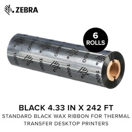 Zebra Standard Black Wax Ribbon for Thermal Transfer Desktop Printers Width 4.33 in Length 242 ft 0.5 in Core Pack of 6 Rolls Compatible with Multiple