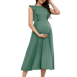 OUGES Womens 2025 Spring/Summer Maternity Nursing Dress Ruffled Zipper Empire Short Sleeveless Crew Neck A Line Midi Casual Dress for Breastfeeding Pregnancy Must Have Outfits Clothes (Gray Green,S)