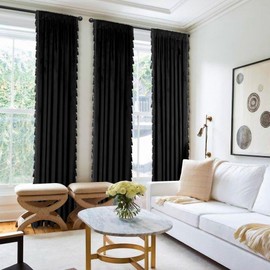 Fazhesici Black Blackout Velvet Curtains 84 inches Long Windows Rod Pocket Drapes with Tassels Soundproof Thermal Curtains for Living Room 2 Panels Set 52" x 84"