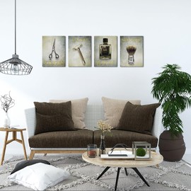 Biuteawal Barbershop Theme Wall Art Barber Scissors Lather Shave Trim Tools Picture Print on Canvas 4 Panel Vintage Artwork Hair Salon Home Men Bathroom Decor