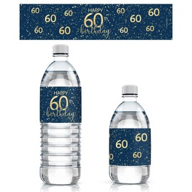Navy Blue and Gold 60th Birthday Party Water Bottle Labels - 20 Count, 60th Birthday Decorations