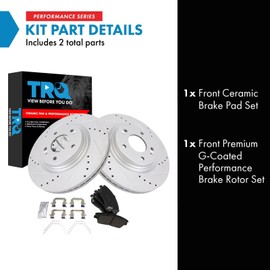 TRQ Front Ceramic Brake Pad and Rotor Set Drilled Slotted Compatible with 18-21 Hyundai Tucson; 18 Hyundai Elantra Sport with 305 mm Diameter Front Rotors; 17-21 Kia Sportage