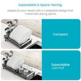 Home Zone Living Small Collapsible Dish Drying Rack for the Kitchen Counter with Adjustable Length and Removable Utensils Caddy