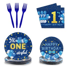 Tevxj 96PCS Mr Onederful 1st Birthday Tableware Set First Birthday Dinnerware Disposable Plates Birthday Theme Party Plates Napkins Forks for Baby Boy 1st Birthday Party Decorations Supplies 24 guests