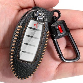 YONUFI for Nissan Key Fob Cover with Keychain Leather Car Smart Key Case Protector Holder for Nissan Rogue Titan Pathfinder Altima Kicks Murano Frontier Armada Maxima Infiniti (Black)
