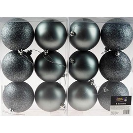 Set Of 12 Large Graphite Grey Christmas Tree Baubles Decorations