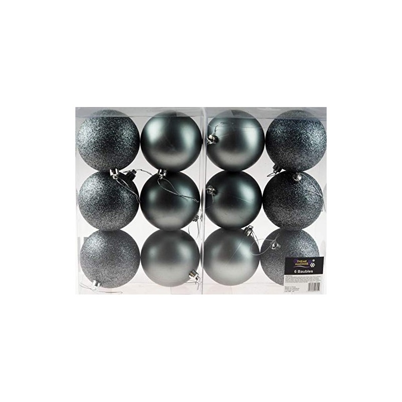 Set Of 12 Large Graphite Grey Christmas Tree Baubles Decorations