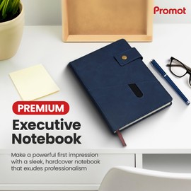 Promot PU Leather Notebook with Pen - A5 Lined Daily Journals for Writing Men Women, Executive Hardcover Notebook for Work, Travel Diary, Gift Idea, 200 Pages, Elastic Pocket, Bookmark, Strap, Blue
