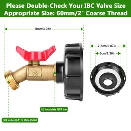 IBC Tote Adapter 275-330 Gallon IBC Tote to Garden Hose Adapter 2.36” COARSE THREAD IBC Tote Fitting Water Tank Adapter with Lead-Free Brass Hose Faucet Water Shut-Off Valve, Quick Connector