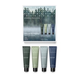 Skandinavisk Wood & Water Geschenkset mit 4 Mini-Handcremes. SKOG 'Wald', FJORD, ØY 'Insel' and HAV 'Meer'. Vegane Formel, 30 ml x 4