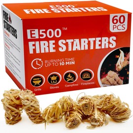 E500 E500 Fire Starter - Natural Fire Starters for Fireplace, Campfires, Chimney, BBQ, Fire Pit & Wood Fireplace - 60 Pack Odorless Pine Firestarter, Charcoal Starter for Grill