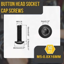 DTGN M5-0.8x16mm Button Head Socket Cap Screws - 50Pack - Good for Road Bicycle, Mountain Bike, Auto, Motorcycle - Carbon Steel Black Oxide - Hex Drive Fasteners