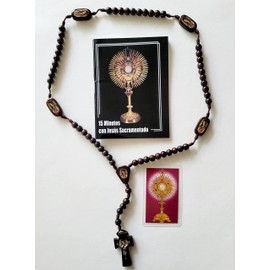 15 Minutos con Jesus Sacramento Libro, Tarjeta Laminada con Oracion y Rosario de Madera de la Virgen de Guadalupe