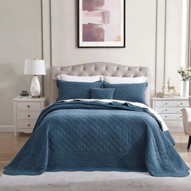 HZ & HY Oversized King Bedspread 128x120 Extra Wide - Shabby Chic Rustic Look - Enzyme Washed, Ultra Soft & Lightweight, Reversible, Cotton/Polyester, 5 Piece, King/Cal King, Majolica Blue