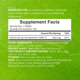 DEAL SUPPLEMENT Vitamin K2 MK-7 200mcg Per Serving, 240 Coconut Oil Softgels | Easily Absorbed Menaquinone-7 Form | Bone, Joint, & Immune Support – Non-GMO