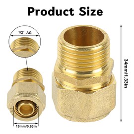 Screw Fitting Transition, 16 mm x 1/2 Male Thread, Clamping Ring Screw Connection, Brass Compression Fitting Clamping Connector, Adaptor Tube for Compression Fitting for Aluminium Composite Pipe,