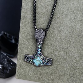 Suiknsn Thors Hammer Necklace for Men 925 Sterling Silver Abalone Turquoise Viking Pendant Norse Pagan Jewelry Nordic Gifts Native American Necklace for Father Mom