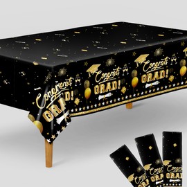 KatchOn, Black And Gold Graduation Tablecloth - Pack Of 3, 54x108 Inch | Congrats Grad Tablecloth For Graduation Decorations Table | Graduation Party Table Decorations | Graduation Table Cover