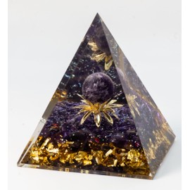 Amethyst and Lepidolite Lotus Pyramid Crystal | Orgone Pyramid | Crystal Orgonite | Meditation | Reiki | Energy Generator | EMF Protector (Amathyst)