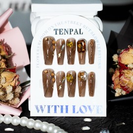 TENPAL Coffin Press on Nails Acrylic Nails Press ons Handmade Fake Nails With Swirls 10ps/Box Gradient Brown False Nails With Glitter Diamond Glossy Artificial Nail Tips For Women Girls（XS)