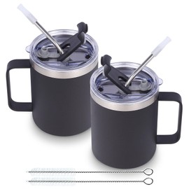 Volhoply - Taza de café con asa de acero inoxidable y aislamiento hermético, con tapa corrediza y popote, mantiene el frío y el caliente, tazas de campamento, 2 piezas, 355 ml, negro