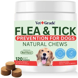 Flea and Tick Prevention for Dogs Chewable & Natural Treats - USA Made - Vet Recommended - Flea and Tick Chews with Probiotics - for All Dogs - 120 Soft Chews (Beef)