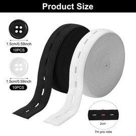 Wide Elastic for Sewing with Button Holes, 2 Rolls Waistband elastic, Polyester and Rubber Trouser Adjuster Reducer, 1 inch Elastic-for-Sewing with 20 Buttons, ElasticStrap for Belt Trouser Cord