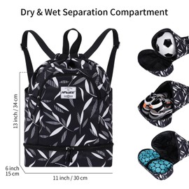 HAWEE Dry Wet Drawstring Backpack with Shoe Compartment for Women and Men Waterproof Yoga String Bag Outdoor Sports Rucksack for Gym/Beach/Swim Pool, Black-White Willow