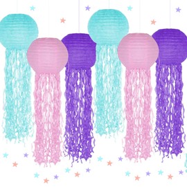 Paper Lantern Decoration, Pack of 6 Jellyfish Paper Lanterns, Ocean Lanterns, Lampshade, Mermaid Birthday Decoration, Ocean Theme Party Supplies for Children Theme Party (Purple)