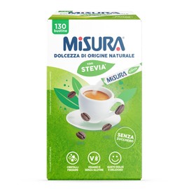 Misura Stevia in Bustine, Bustine con Cristalli Finissimi, Zero Calorie, Vegano, Senza Glutine, Senza Aspartame, Pratica Confezione per Bar, Ristoranti e Uffici, 130 Bustine Stevia